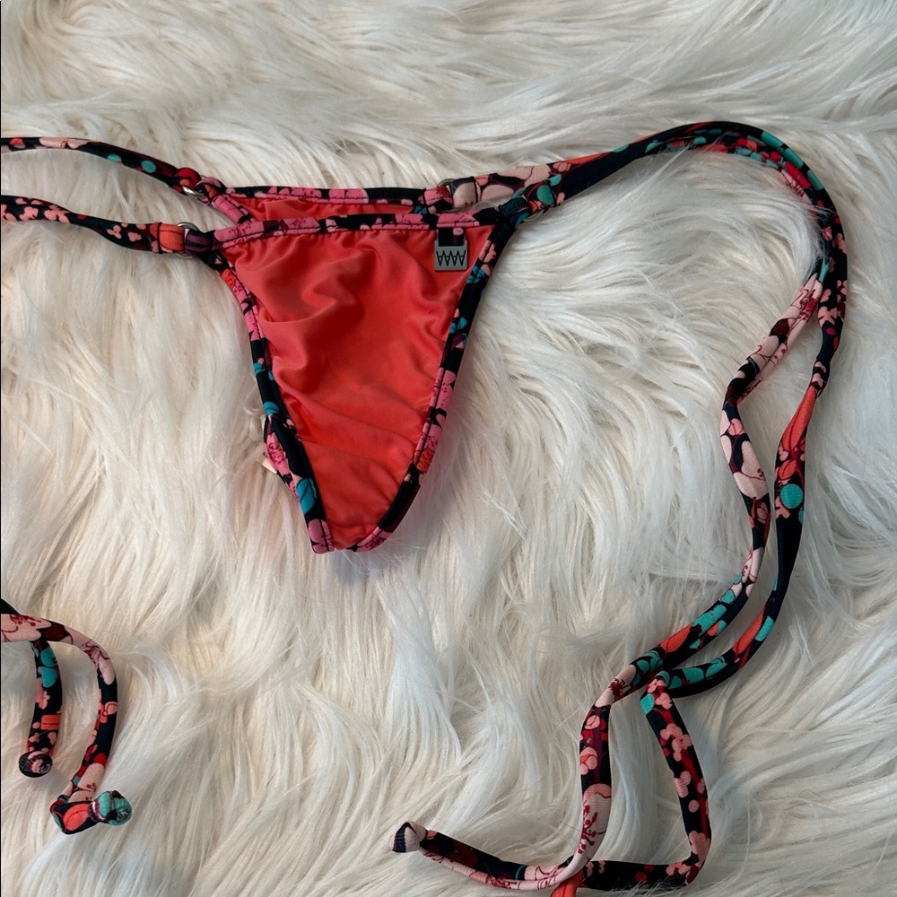 Wicked Weasel Coral Thong Bikini Bottom with Floral Ties - Picture 6 of 7